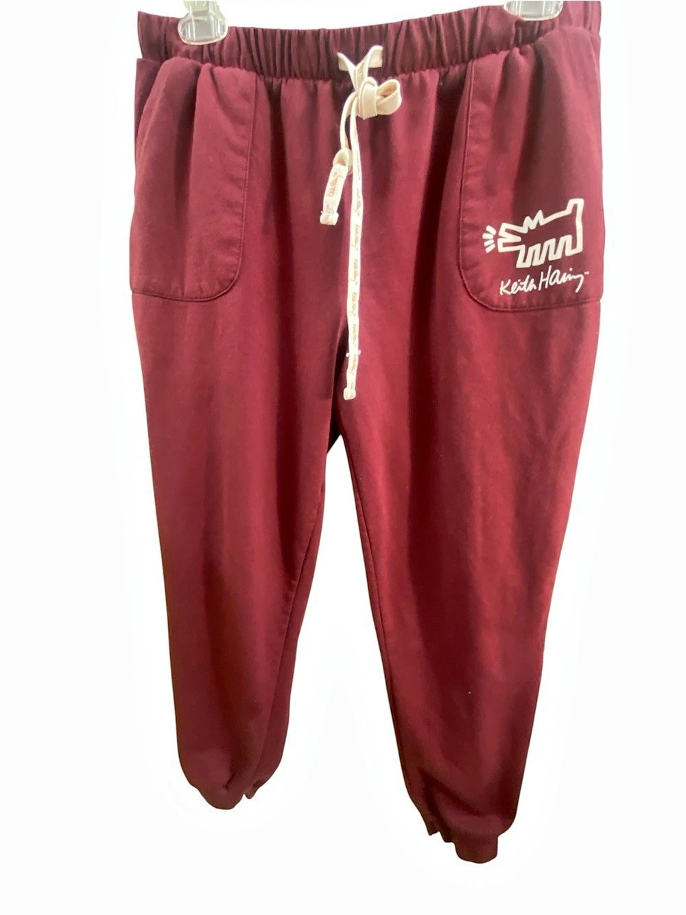 Keith Haring Barking Dog Graphic Jogger Sweatpants Pants Burgundy